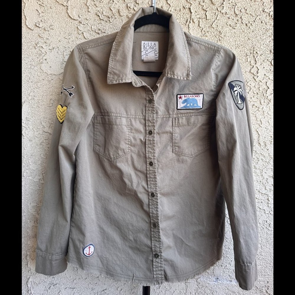 Billabong Long Sleeve Button Down Shirt with Military Scout Patches